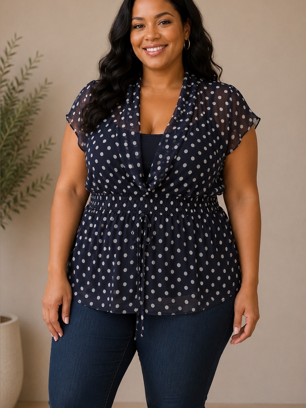 LASHES Polka Dot V-Neck Smocked Waist Blouse - Black/White XL